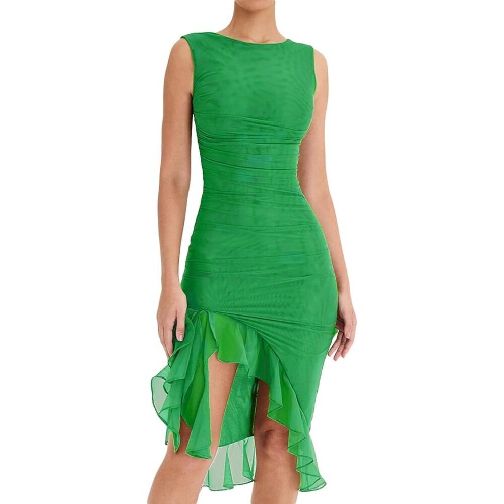 Women's Grass Green Midi Bodycon Summer Sleeveless Ruffle Cocktail Party Dress